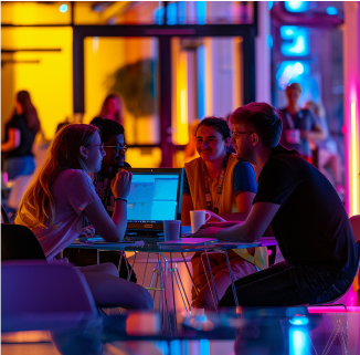 People working at computer stations in a modern workspace with colorful ambient lighting